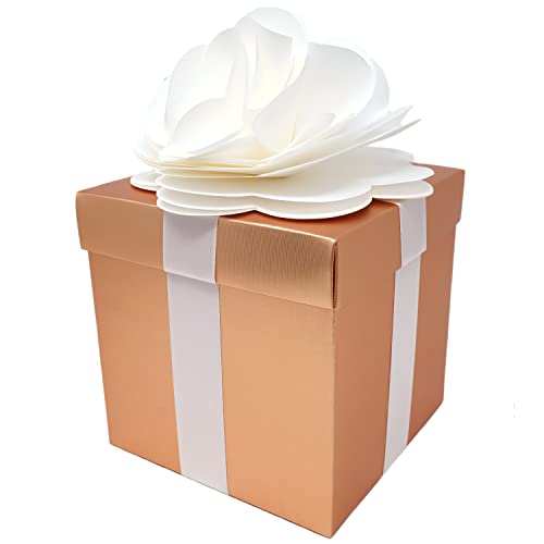 Chloe Elizabeth Premium Large Centerpiece Textured Paper Gift, Favor, and Envelope Box - 6 x 6 x 6 Inch - Includes Paper Bow & Self Adhesive Ribbons (1-Pack, Rose Gold Satin Metallic)