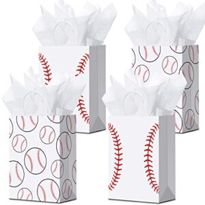 16 pieces baseball gift bags with tissue paper baseball party bags with handles baseball goodie bags baseball treat bags for kids sports theme, birthday party, sports party (white, baseball)