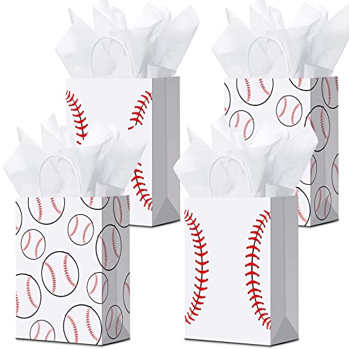 16 Pieces Baseball Gift Bags with Tissue Paper Baseball Party Bags with Handles Baseball Goodie Bags Baseball Treat Bags for Kids Sports Theme, Birthday Party, Sports Party (White, Baseball)