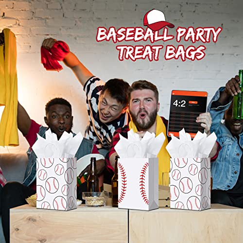 16 Pieces Baseball Gift Bags with Tissue Paper Baseball Party Bags with Handles Baseball Goodie Bags Baseball Treat Bags for Kids Sports Theme, Birthday Party, Sports Party (White, Baseball)