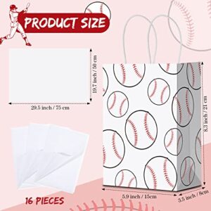 16 Pieces Baseball Gift Bags with Tissue Paper Baseball Party Bags with Handles Baseball Goodie Bags Baseball Treat Bags for Kids Sports Theme, Birthday Party, Sports Party (White, Baseball)
