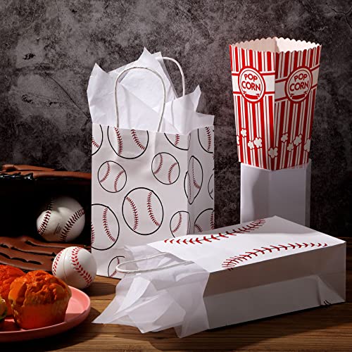 16 Pieces Baseball Gift Bags with Tissue Paper Baseball Party Bags with Handles Baseball Goodie Bags Baseball Treat Bags for Kids Sports Theme, Birthday Party, Sports Party (White, Baseball)