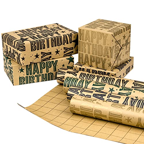 RUSPEPA Kraft Wrapping Paper Rolls - 17 inches x 10 feet per Roll, Total of 4 Rolls, Birthday Greeting