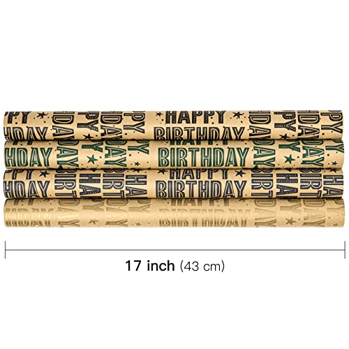 RUSPEPA Kraft Wrapping Paper Rolls - 17 inches x 10 feet per Roll, Total of 4 Rolls, Birthday Greeting