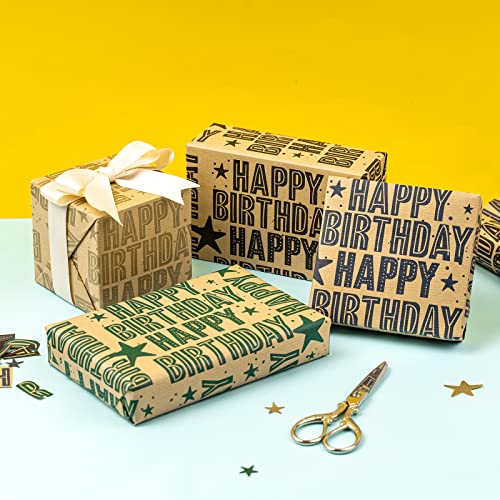 RUSPEPA Kraft Wrapping Paper Rolls - 17 inches x 10 feet per Roll, Total of 4 Rolls, Birthday Greeting