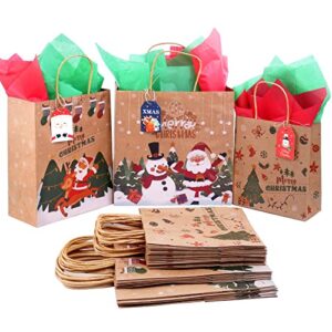 IGbunify 24 Pcs Assorted Sizes Christmas Kraft Gift Bags with Handles，Christmas Goody Bags for Xmas School Gift Wrapping and Party Favors-3 Pattern & 3 Sizes