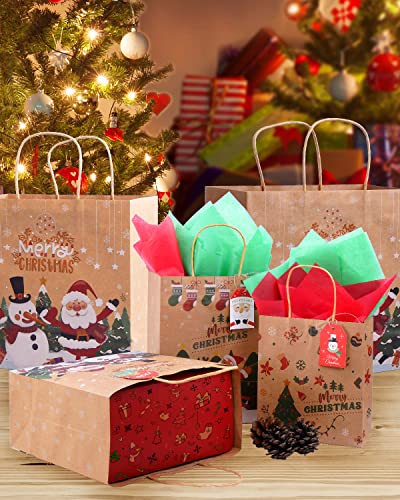 IGbunify 24 Pcs Assorted Sizes Christmas Kraft Gift Bags with Handles，Christmas Goody Bags for Xmas School Gift Wrapping and Party Favors-3 Pattern & 3 Sizes