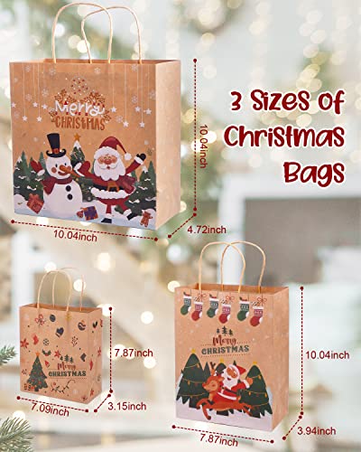 IGbunify 24 Pcs Assorted Sizes Christmas Kraft Gift Bags with Handles，Christmas Goody Bags for Xmas School Gift Wrapping and Party Favors-3 Pattern & 3 Sizes