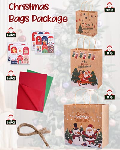 IGbunify 24 Pcs Assorted Sizes Christmas Kraft Gift Bags with Handles，Christmas Goody Bags for Xmas School Gift Wrapping and Party Favors-3 Pattern & 3 Sizes