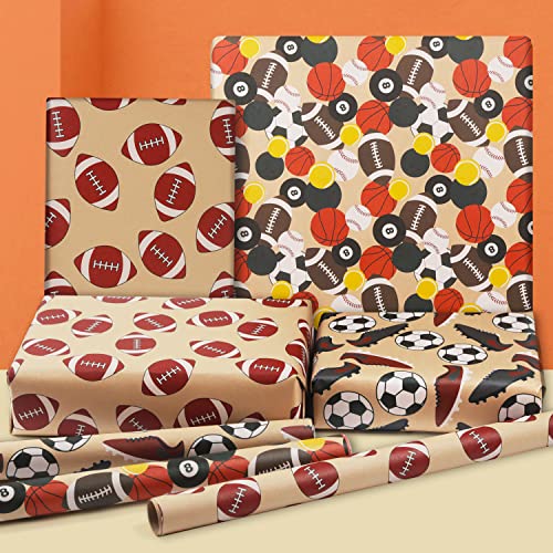 AircooL Sports Gift Wrapping Paper, 9 Sheets Rugby Basketball Tennis Baseball Football Kraft Wrapping Paper, 20x28 Inches per Sheet Birthday Paper for Men Boys