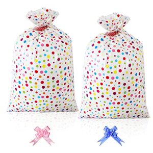 2 pieces large plastic gift bags(36x56inch), jumbo present bags with dot pattern and pull flowers for huge gifts , reusable giant wrap bags with rope for baby shower, birthday, party, wedding, engagement party, christmas