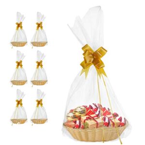 [6 pk] baskets for gifts empty| 7×9″ small wicker-look empty baskets to fill| diy gift basket set with basket bags and gold pull bows| thanksgiving, christmas, easter gift basket kit| gift to impress