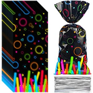 pajean 100 pcs glow bags in the dark with silver ties neon goodie let’s treat candy gift decoration for glow, birthday, baby showers, dark, family union party decor