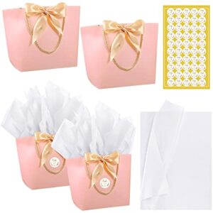 16 thank you gift bags with bows ribbons, 11 x 7.9 x 3.5 inch paper party favor bags with 50 thank you stickers and 16 tissue papers for christmas birthday wedding bridesmaid holiday (pink bag)