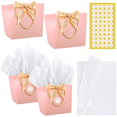 16 Thank You Gift Bags with Bows Ribbons, 11 x 7.9 x 3.5 Inch Paper Party Favor Bags with 50 Thank You Stickers and 16 Tissue Papers for Christmas Birthday Wedding Bridesmaid Holiday (Pink Bag)