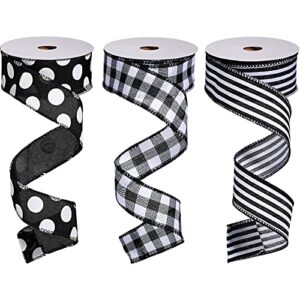 3 rolls black white wired edge ribbons buffalo check plaid wrapping ribbons black white striped grosgrain ribbons black polka dot ribbons with white dots for diy crafts decor, 1.5 inches x 10 yards