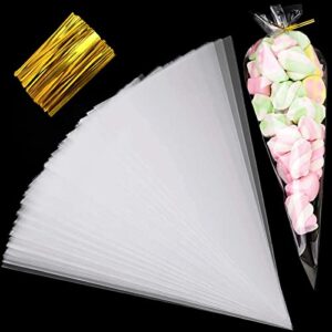onkuly 100 pcs cone bags 6″ x 12″ clear popcorn bags gift wrap cellophane bags with 100 twist ties for treat, candy