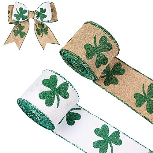 2 Rolls St. Patrick's Day Shamrock Glitter Wired Edge Ribbons Wired Clover Ribbon Shamrock Burlap Ribbons St. Patrick's Day Ornament Hanging Decoration for DIY Wrapping Craft Decor, 20 Yards Totally