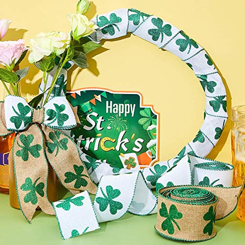 2 Rolls St. Patrick's Day Shamrock Glitter Wired Edge Ribbons Wired Clover Ribbon Shamrock Burlap Ribbons St. Patrick's Day Ornament Hanging Decoration for DIY Wrapping Craft Decor, 20 Yards Totally