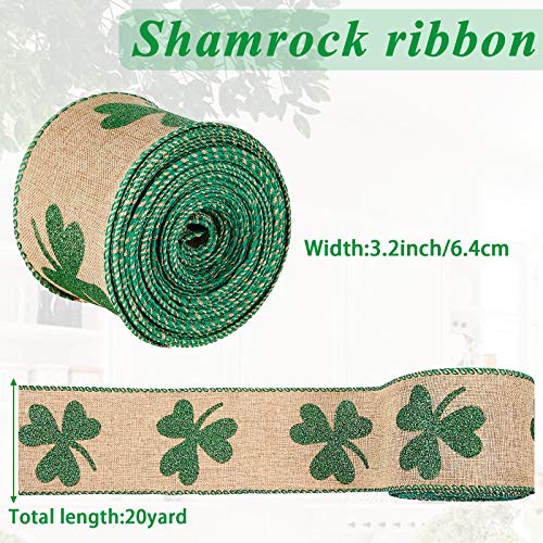 2 Rolls St. Patrick's Day Shamrock Glitter Wired Edge Ribbons Wired Clover Ribbon Shamrock Burlap Ribbons St. Patrick's Day Ornament Hanging Decoration for DIY Wrapping Craft Decor, 20 Yards Totally