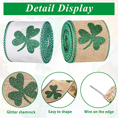 2 Rolls St. Patrick's Day Shamrock Glitter Wired Edge Ribbons Wired Clover Ribbon Shamrock Burlap Ribbons St. Patrick's Day Ornament Hanging Decoration for DIY Wrapping Craft Decor, 20 Yards Totally