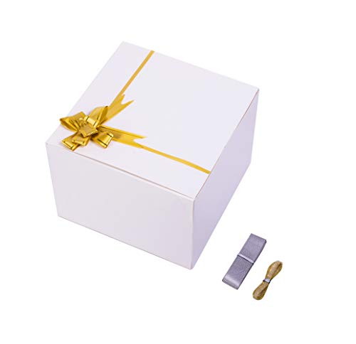 SHIPKEY 10PCS White Cardboard Gift Boxes with lids | 8x8x6 Inch Gift Boxes with Pull Bows(Golden Ribbons) | for Party, Wedding, Christmas, Holidays, Birthdays, Gift Wrap, and All Other Occasions