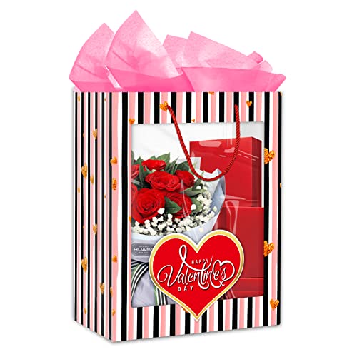 FaCraft Valentines Gift Bags with Handles Funny Valentine's Day Gift Bag with Clear Window,Happy Valentine's Day Gift Bag with Tissue Paper for Her Him Girlfriend Boyfriend Husband Wife Women Men