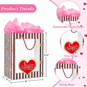 FaCraft Valentines Gift Bags with Handles Funny Valentine's Day Gift Bag with Clear Window,Happy Valentine's Day Gift Bag with Tissue Paper for Her Him Girlfriend Boyfriend Husband Wife Women Men