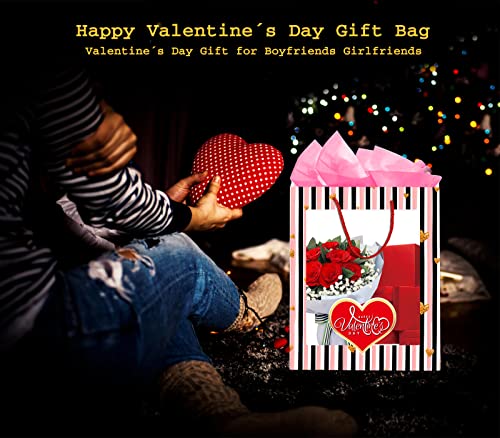 FaCraft Valentines Gift Bags with Handles Funny Valentine's Day Gift Bag with Clear Window,Happy Valentine's Day Gift Bag with Tissue Paper for Her Him Girlfriend Boyfriend Husband Wife Women Men