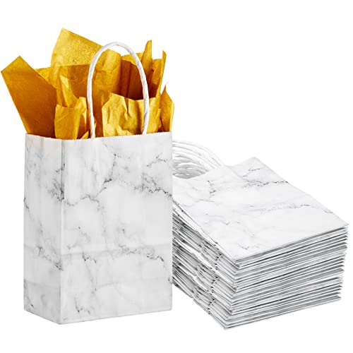 50 Pack Marble White Paper Bags Gift Bags Bulk A4 Double Sided Glitter Gold Tissue Paper Small Gift Bags with Tissue Paper Set for Wedding Birthday Baby Shower, 5.91 x 4.33 x 2.36 Inch (Gray White)