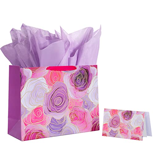 13" Large Gift Bag with Tissue Paper and greeting Card envelope for Women's Birthday, Bridal showers,Wedding gift (Purple Flower)