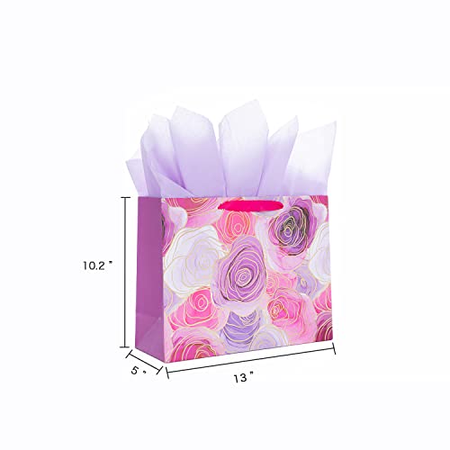 13" Large Gift Bag with Tissue Paper and greeting Card envelope for Women's Birthday, Bridal showers,Wedding gift (Purple Flower)