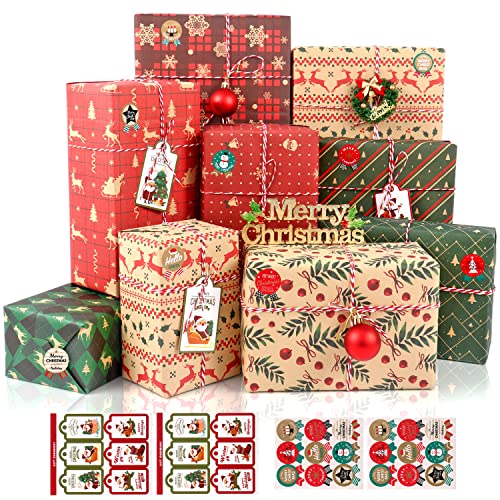 Christmas Wrapping Paper, 12 Sheets Recycled Gift Wrapping Paper Set, 70 x 50cm Kraft Wrapping Paper Sheets with Tags Stickers for Gift Wrapping, Wrapping Paper for Christmas New Year Holiday, Deco, DIY