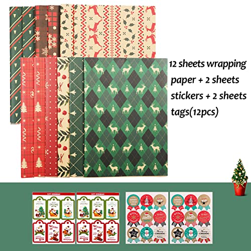 Christmas Wrapping Paper, 12 Sheets Recycled Gift Wrapping Paper Set, 70 x 50cm Kraft Wrapping Paper Sheets with Tags Stickers for Gift Wrapping, Wrapping Paper for Christmas New Year Holiday, Deco, DIY