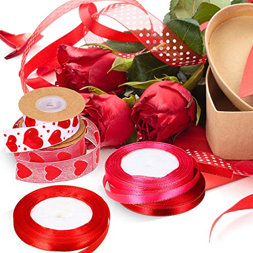 9 Rolls Valentine's Day Ribbons Printed Heart Ribbons Polyester Satin Ribbon Sheer Organza Ribbon Roll Craft Satin Ribbons Wrapping Ribbons with Gold Edge for Valentine's Day Wrapping Wedding Decor