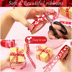 9 Rolls Valentine's Day Ribbons Printed Heart Ribbons Polyester Satin Ribbon Sheer Organza Ribbon Roll Craft Satin Ribbons Wrapping Ribbons with Gold Edge for Valentine's Day Wrapping Wedding Decor