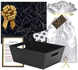 gift basket making kit, do it yourself, diy build your own gift basket, matching supplies, market tray. cello bag, shredded crinkle paper, ribbon pull bow (black and gold, small)