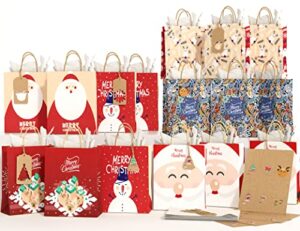 kidpar christmas bags 24pcs 9″x7″x3.5″ kraft gift bags set with 24 tissue paper &48 gift tags for christmas holiday party, 6 different designs xmas goody bags for school classroom party favors