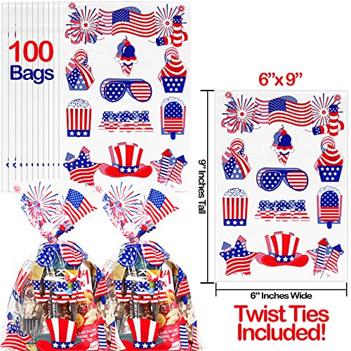 4th of July Cellophane Bags | 100 pcs (6” x 9” Inch) USA Treat Bags | 2.5 Mil Snack Bags with USA Patriotic Designs | Independence Day Cello Treat Bags| USA Game Day Party Decoration | 4th of July Party Treat Bags | By Anapoliz