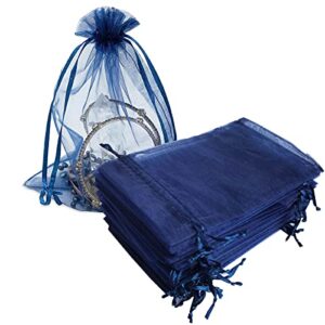 dkrsyz 100 pieces gift organza bag navy blue drawstring 4×6 inch for baby shower,christmas,first birthday,party favor,wedding,graduation,fathers day sheer mesh fabrics wrap sachet for jewelry,tiny toy