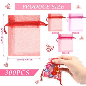 300 Pcs Valentine's Day Heart Candy Bags Organza Jewelry Pouches Drawstring Bags Valentine Love Heart Gift Bags Wedding Gift Pouch Drawstring Pouch for Gift Packaging (Sheer Pattern, 2.76 x 3.54 Inch)