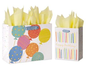 papyrus birthday gift bags with tissue paper, balloons and candles (2 bags, 1 large 13″, 1 medium 9″, 8-sheets)