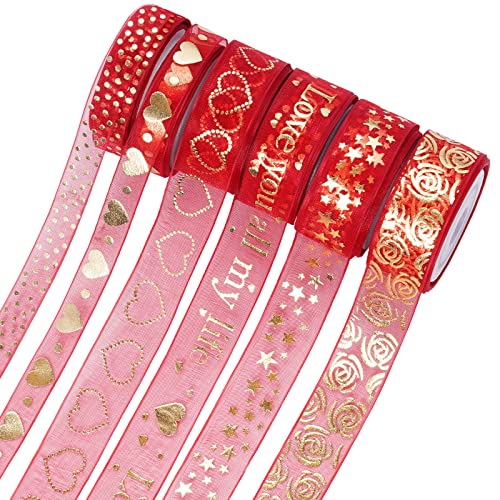 Yookat 6 Rolls Valentine's Day Ribbon Printed Heart Ribbons Mother's Day Ribbon for Valentine's Day Mother's Day Wedding Gift Wrapping