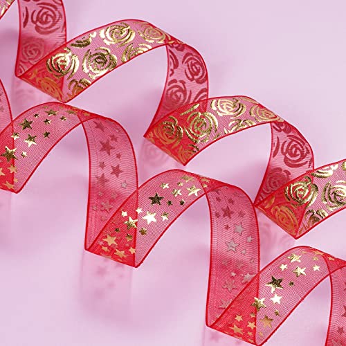 Yookat 6 Rolls Valentine's Day Ribbon Printed Heart Ribbons Mother's Day Ribbon for Valentine's Day Mother's Day Wedding Gift Wrapping