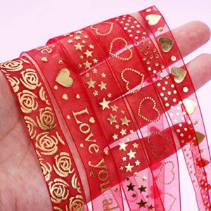 Yookat 6 Rolls Valentine's Day Ribbon Printed Heart Ribbons Mother's Day Ribbon for Valentine's Day Mother's Day Wedding Gift Wrapping