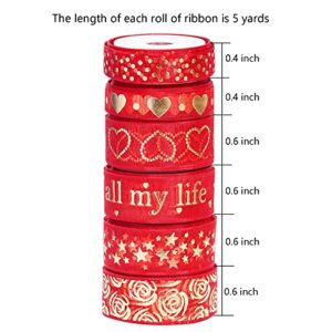 Yookat 6 Rolls Valentine's Day Ribbon Printed Heart Ribbons Mother's Day Ribbon for Valentine's Day Mother's Day Wedding Gift Wrapping