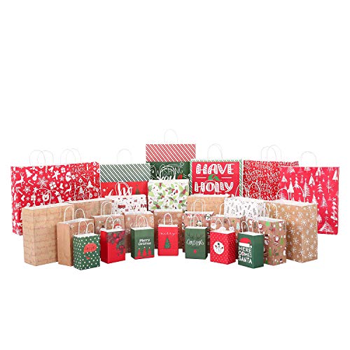 Sattiyrch Christmas Gift Bags 28 Count,Xmas Holidays Kraft Gift Bag Assorted Sizes,7 Jumbo, 7 Large, 7 Medium, 7 Small