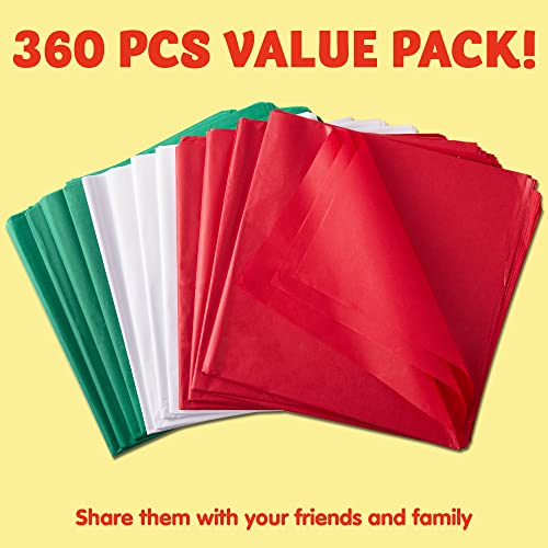 JOYIN 360 Sheets 20" x 20" Christmas Tissue Paper Assortment (Red, Green & White); 120 Sheets per Color Easy and Fast Gift Wrapping Accessory for Christmas Gifts and Wine Bottles