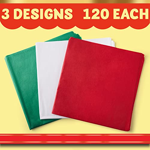JOYIN 360 Sheets 20" x 20" Christmas Tissue Paper Assortment (Red, Green & White); 120 Sheets per Color Easy and Fast Gift Wrapping Accessory for Christmas Gifts and Wine Bottles