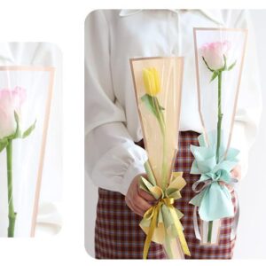 Rikyo 200 Counts 4 Colors Single Rose Packaging Bags,Gold Edge Single Rose Sleeve,Waterproof Flower Bouquet Sleeve Bag for Mother's day Valentines Day Wedding Birthday Gift